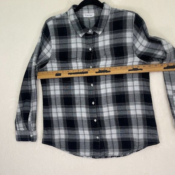Calvin Klein Long Sleeve Button Up Collared Shirt Black & White Checkered Plaid - Picture 6 of 8
